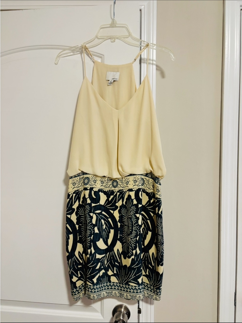GREYLIN, Cream and Navy Floral-Print Sleeveless Mini Dress, Size Medium